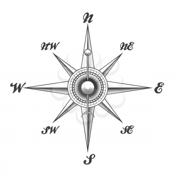 Wind rose navigation compass drawn in engraving style isolated on white background. Vector illustration.