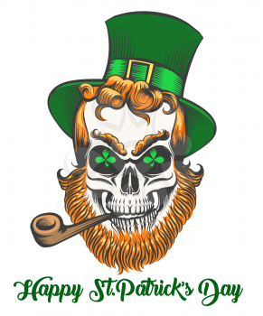 St.Patrick skull with smoking pipe and shamrock leaves in eye sockets. Vector illustration.