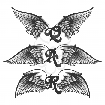 Set of engraving wings with letter samples. Vector illustration.