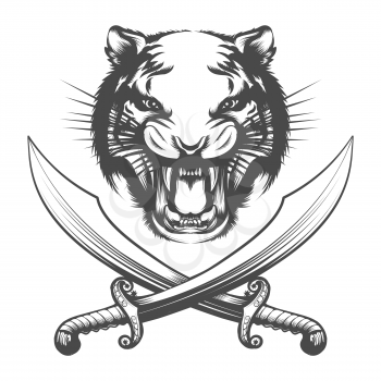 Face of Tiger and two Arabian swords isolated on white background. Vector illustration.