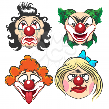 Set of different circus clown faces. Fun and creepy clowns. Vector Illustration.