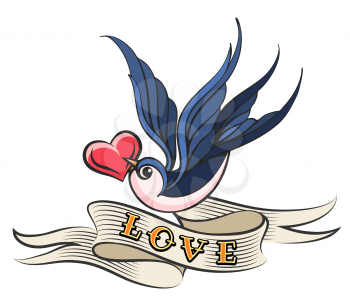 Heart in a beak of Swallow with wording LOVE on ribbon. Old school style tattoo. Vector Illustration.