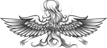 Long haired woman with angel wings drawn in engraving style. Vector illustration.