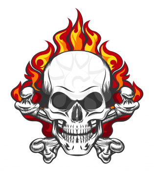Hand drawn vintage stylized skull and bones in flames in tattoo style. Vector illustration.