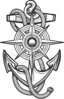 Anchor with ropes and Nautical vintage compass drawn in engraving style. Vector illustration.