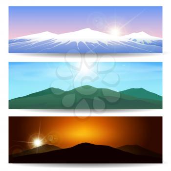 Set of different Mountain landscapes. Wild nature Vector banner set.