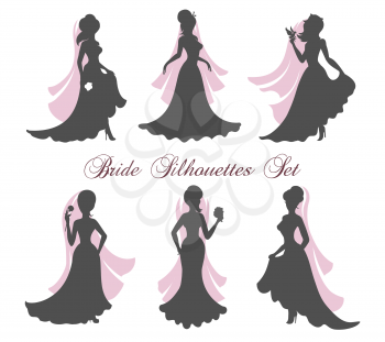 Six Silhouettes of brides in bridal veil. Vector illustration.
