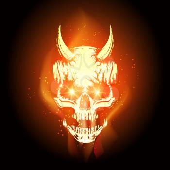 Burning skull in Hell flame on black background. Vector illustration 