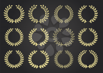 Twelve gold award wreaths isolated on black. Vector illustration