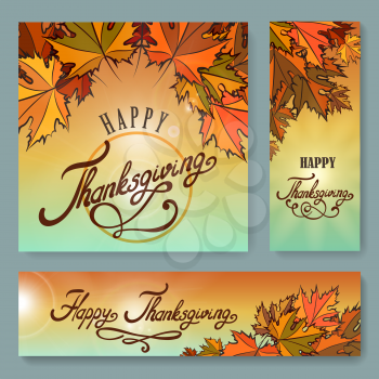 Hand drawn Thanksgiving typography poster and banner set. Thanksgiving lettering and autumn leaves. Vector illustartion.