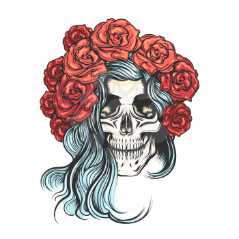 Hand drawn human skull in roses wreath. Vector illustration