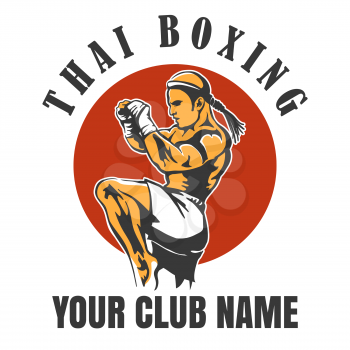 Thai Boxing Club Emblem. Muay Thai Fighter in Kicking Pose. Vector illustration.