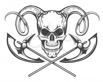 Human Skull with Ram Horns and Battle Axes. Vector illustration drawn in tattoo style.