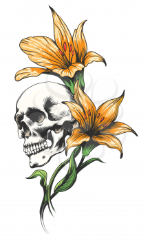 Skull with yellow orchids drawn tattoo style. Vector illustration.