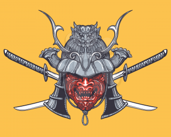 Hand drawn Japanese samurai mask with two crossed swords. Vector illustration in tattoo style. 