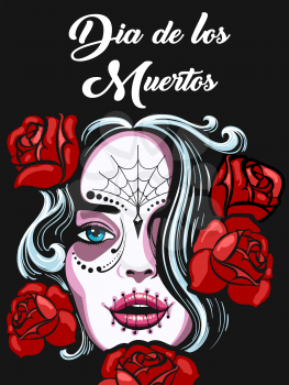 Female face with dead skull make, rose flowers and spanish wording Dia de los Muertos what means Day of the Dead. Mexican Holiday poster design. Vector illustration.
