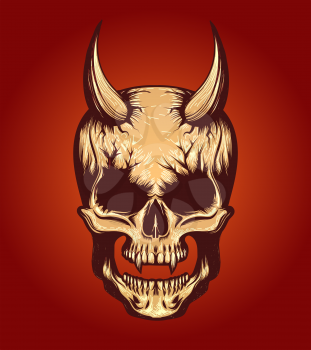 Horned devil skull drawn in tatto style. Vector illustration.