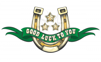 Golden horseshoe with green ribbon, stars and text Good Luck To You. Vector illustration.