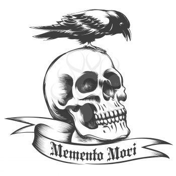 Hand drawn Crow sitting on human skull  and  ribbon with Latin wording Memento Mori what means remember what you have to die isolated on white. Vector illustration.