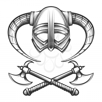 Viking helmet with horns and crossed viking axes drawn in engraving style. Vector illustration