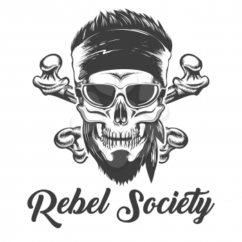 Skull in bandana and glasses agaist crossed bones with wording Rebel Society. Vector illustration