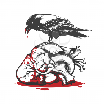Black Raven Biting Bleeding Heart. Love Hurts Concept Tattoo. Vector illustration.