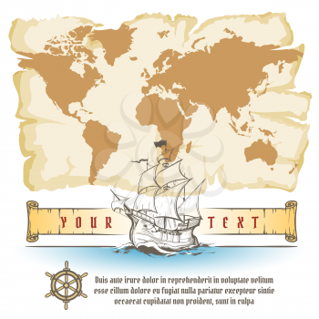 Vintage Navigation Map and Sail Retro Ship with Scroll and text sample. Vector illustration.