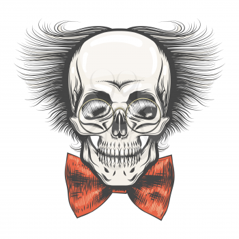 Human Skull in Professor glasses and Red bow tie drawn in tattoo style. Vector illustration.