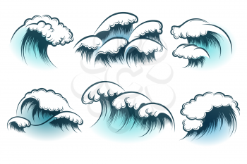 Hand Drawn Ocean or sea waves isolated on white background. Vector illustration.