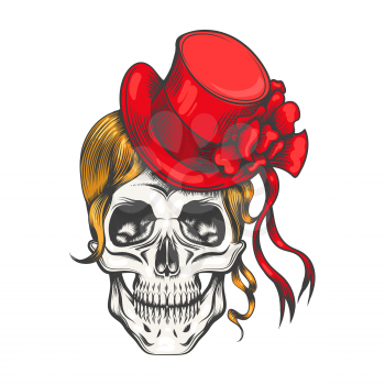 Female Skull with Yellow long hairs in a Red Hat. Vector illustration in tattoo style.