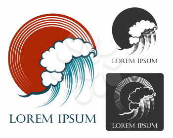 Wave Emblem set in Engraving style isolated on white background. Vector illustration