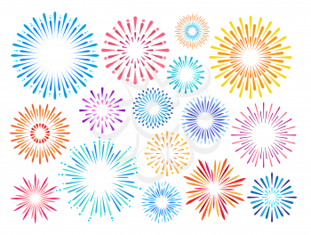 Set of colorful festive fireworks on a white background. Vector illustration