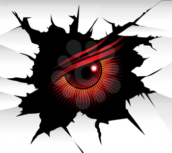 Demonic red eye looks at you from a wall hole. Vector illustration.