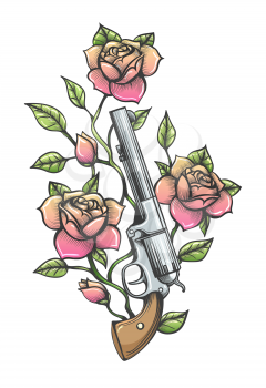 Revolver with Branch of Rose flower drawn in Tattoo style. Vector illustration.