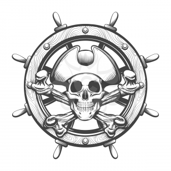 Pirate Skull with crossed bines and ship wheel tattoo. Vector illustration.