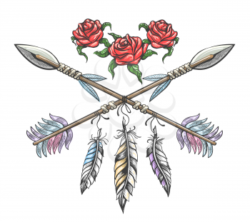 Hand drawn boho style design with rose flower, arrow and feathers. Vector illustration in tattoo style.
