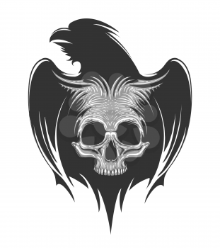 Silhouette of raven with human skull Tattoo. Emblem of death and witchery.Mythological symbol. Vector illustration.