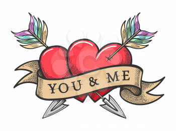Two red heart pierced by two arrows crosswise and ribbon with Lettering You and Me. Vector illustration 