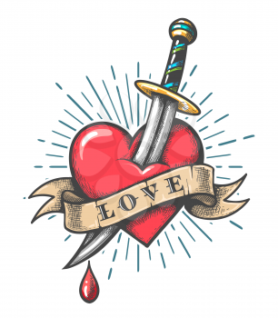Old school tattoo of a dagger piercing heart with the inscription love tattoo. Vector illustration.