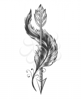 Tattoo of native americans Indian Arrow and flying Bird Feather. vector illustration.