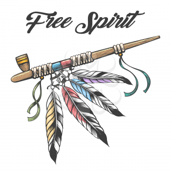Tattoo of native americans Peace Pipe. Ceremonial smoking pipe calumet with Wording Free Spirit isolated on white. Vector illustration.