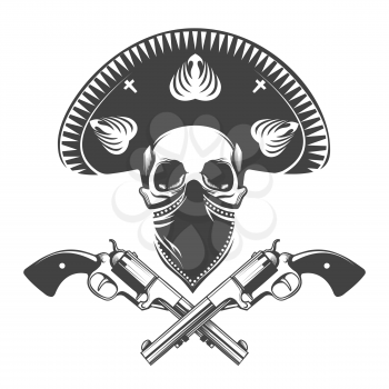 Mexican bandit skull in sombrero hat with two pistols.Tattoo isolated on dark background. Vector illustration.