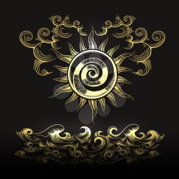 Esoteric Illustration of Sun clouds and Sea waves isolated on black background. Vector Illustration. 