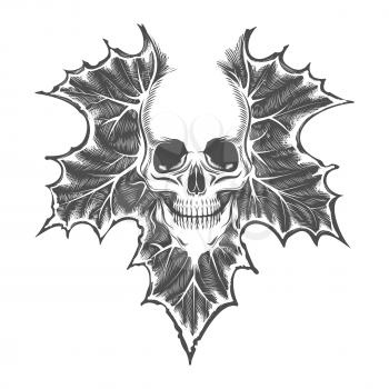 Tattoo of Skull On Maple Leaf drawn in engraving Style. Vector illustration.