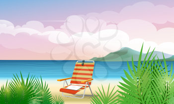 Summer tropical seascape with chaise lounge on a beach. Good for your text or banner.
