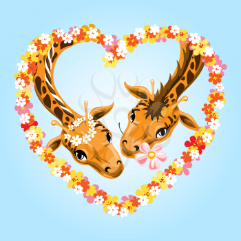 Pair of giraffes during romantic date in the flower wreath drawn in cartoon style.