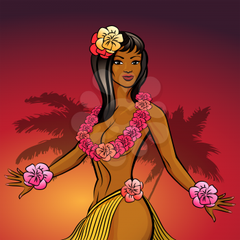 Illustration of Hawaiian hula dancer beautiful girl against tropical island sunset