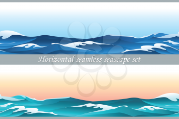 Seamless horizontal pattern set with blue waves and sky