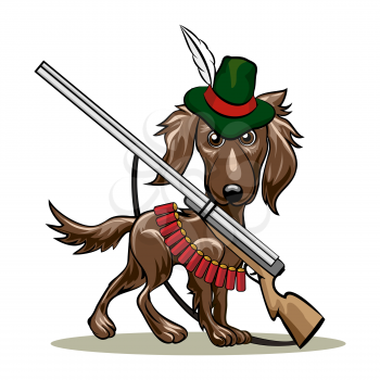 Humorous illustration of dog in a hunter hat and gun with cartridges. Isolated on white background.