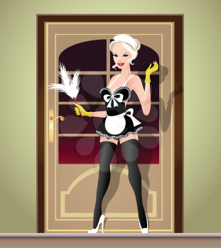 Sexy Young woman in french maid suite with  feather duster stay against door.